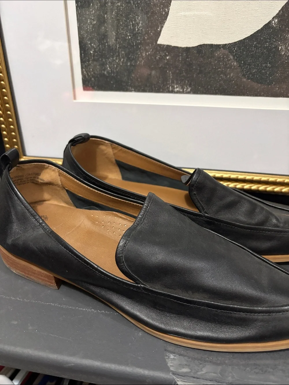 Susina Black Leather Slip-On Loafers with Brown Insole Trim